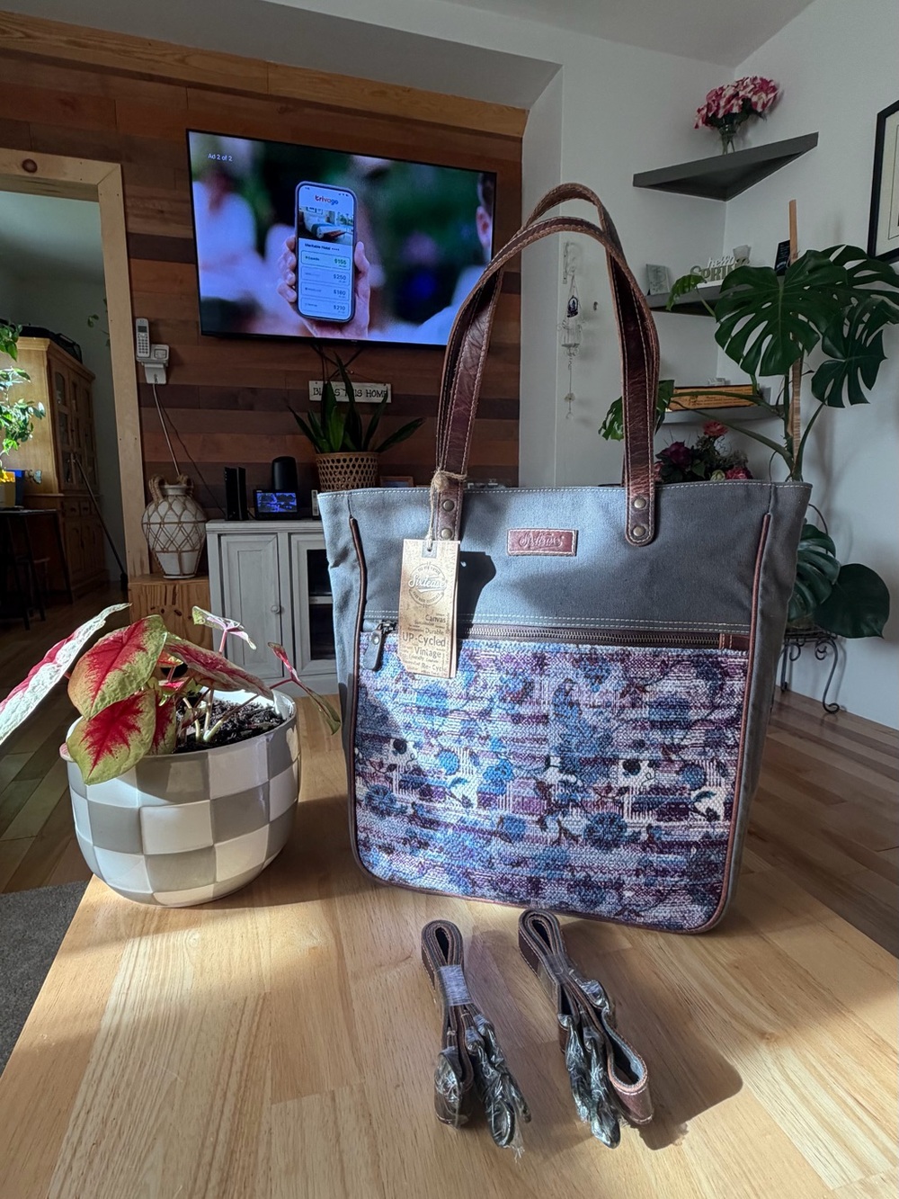 Sixtease Brown and Blue Woven-Pattern Tote/backpawith Leather Handles and trims